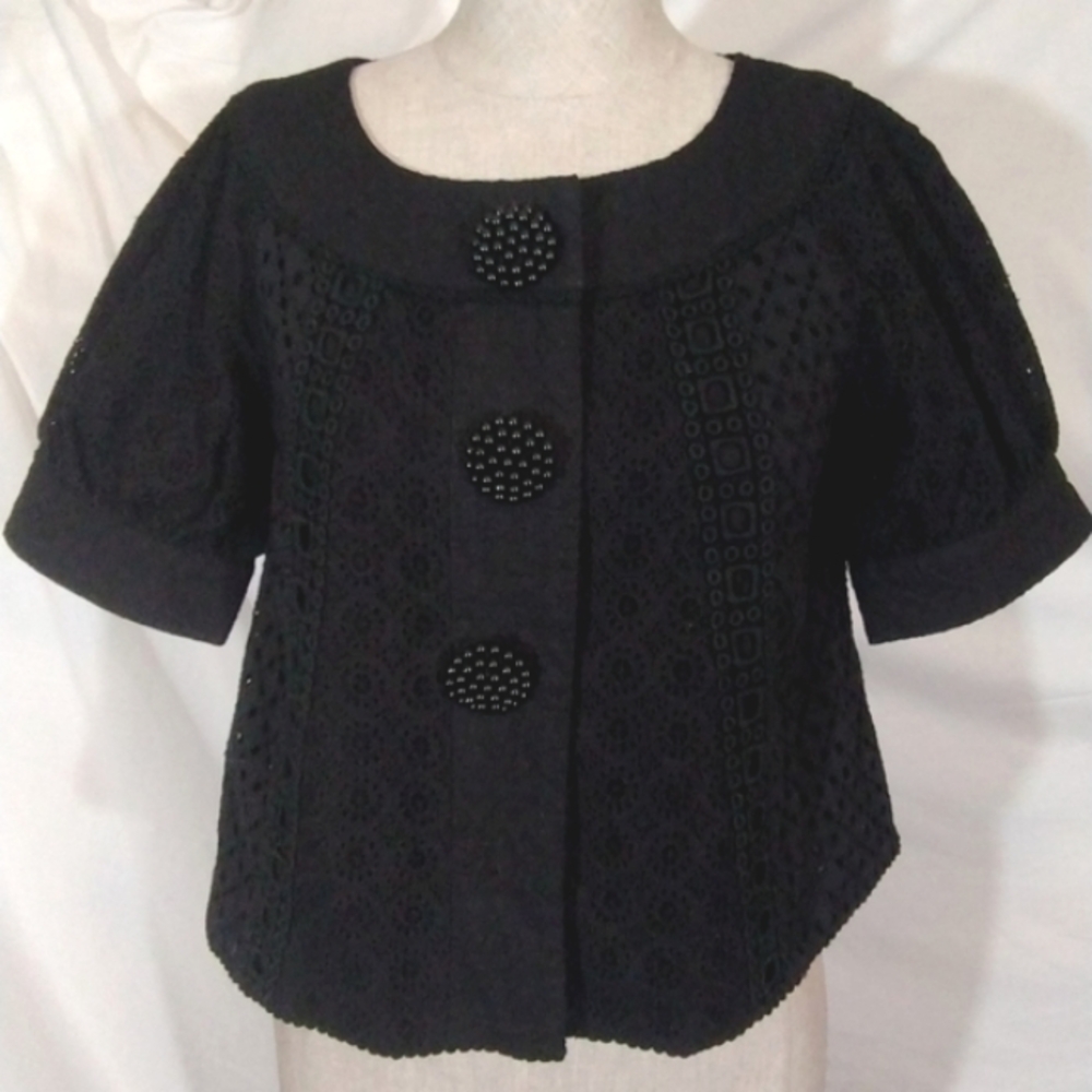 Kensie crop short sleeve pea coat, crochet lace, black decor buttons, S(like a 4